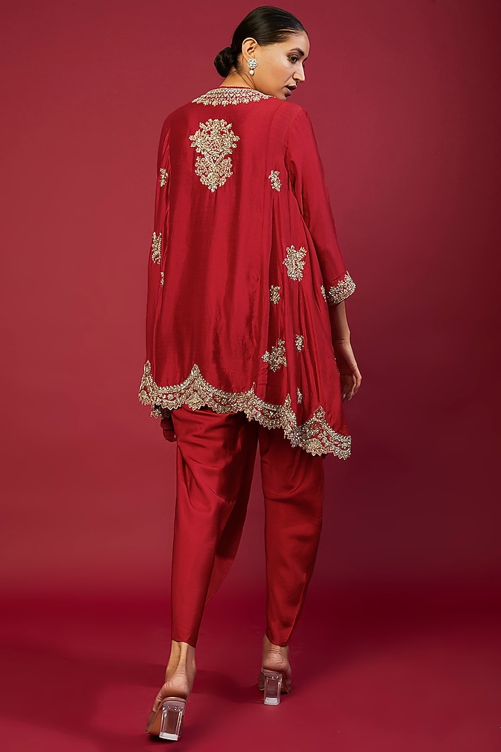Red Silk Zardosi Embroidered Tunic Set by Jayanti Reddy at Pernia's Pop Up Shop