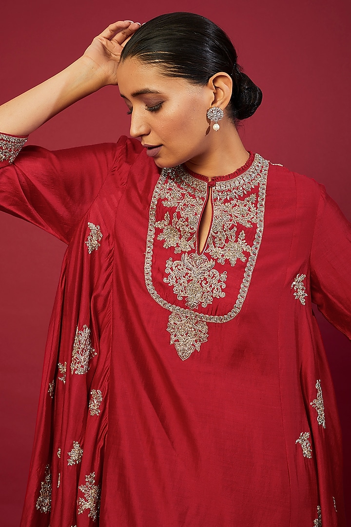 Red Silk Zardosi Embroidered Tunic Set by Jayanti Reddy at Pernia's Pop Up Shop