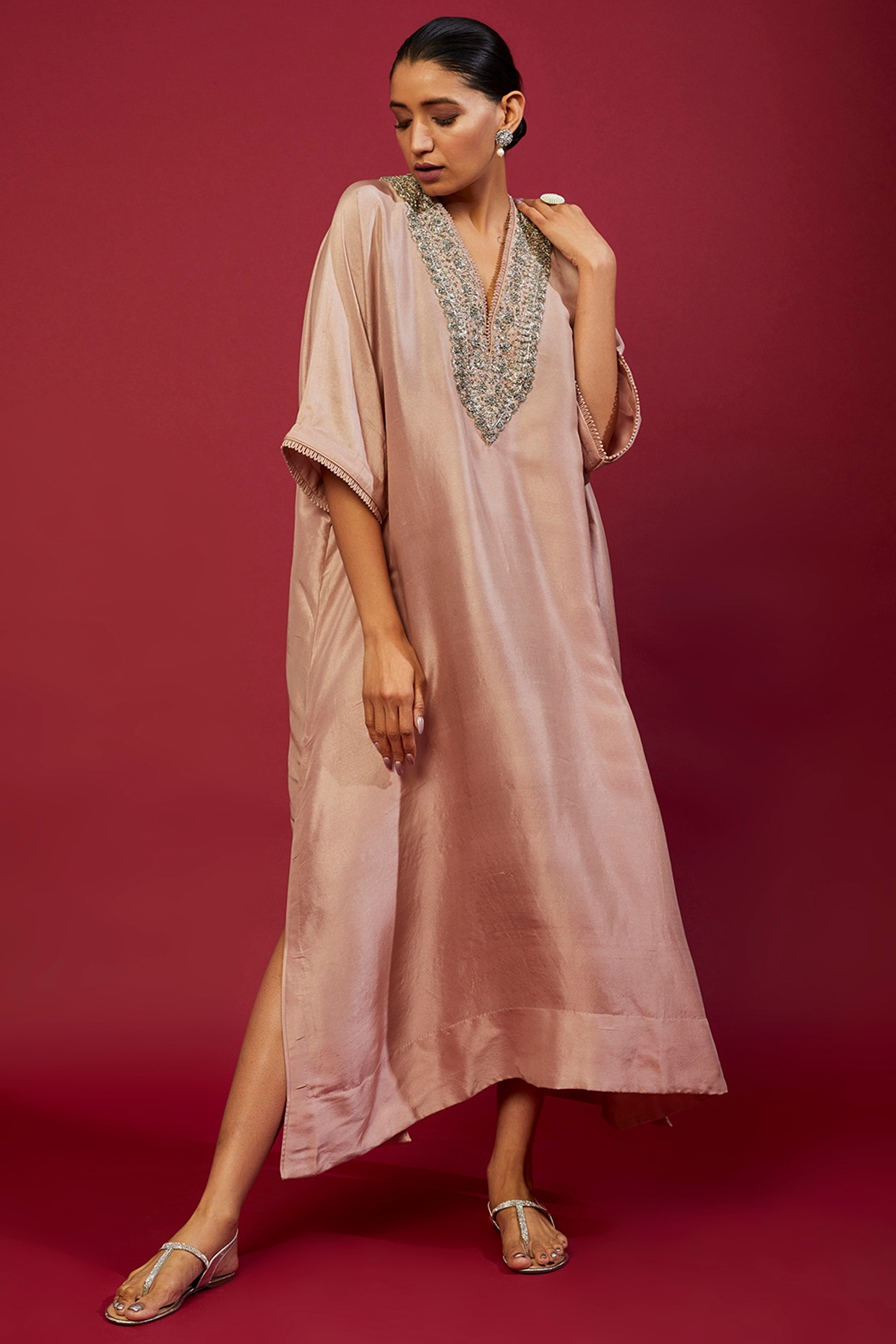 Peach Embroidered Cotton Kaftan
