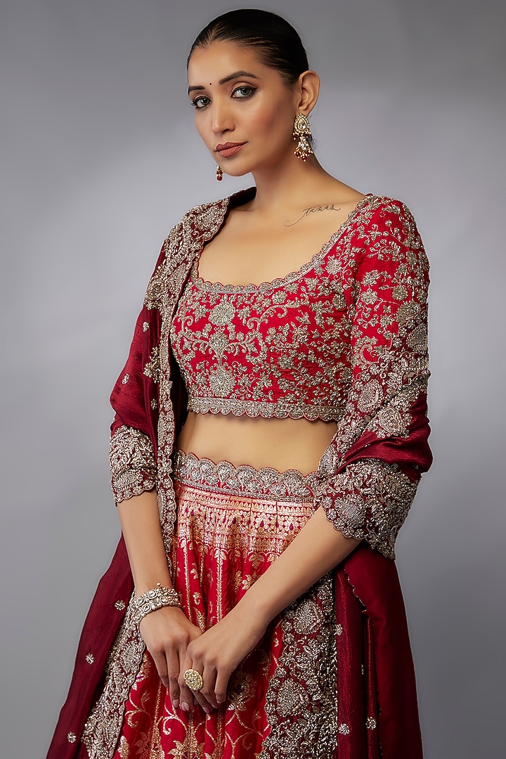 Red Banarasi Zari Embroidered Bridal Lehenga Set by Jayanti Reddy at Pernia's Pop Up Shop
