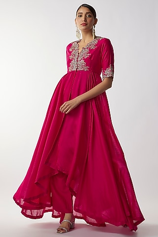 Rani Pink Silk Zari Embroidered High-Low Anarkali Set by Jayanti Reddy