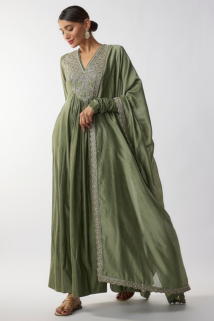 Mint Green Silk Zari Embroidered Wedding Anarkali Set by Jayanti Reddy at Pernia's Pop Up Shop