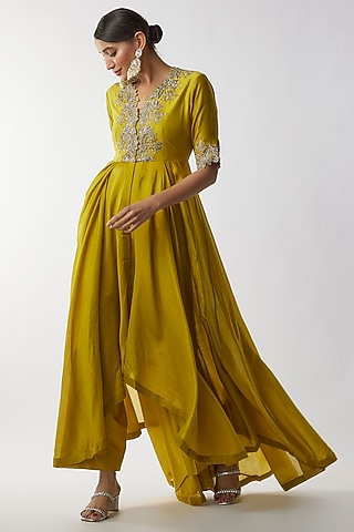 Mustard Silk Zari Embroidered High-Low Anarkali Set by Jayanti Reddy