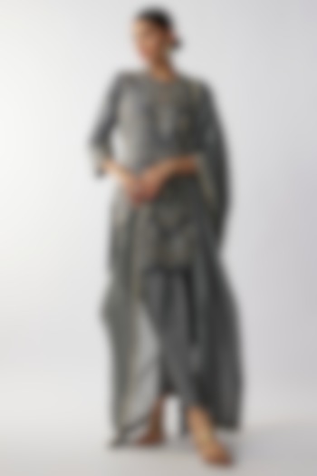 Teal Grey Silk Zari Embroidered Kurta Set by Jayanti Reddy at Pernia's Pop Up Shop