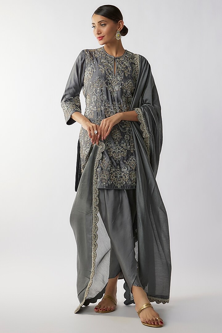 Teal Grey Silk Zari Embroidered Kurta Set by Jayanti Reddy at Pernia's Pop Up Shop