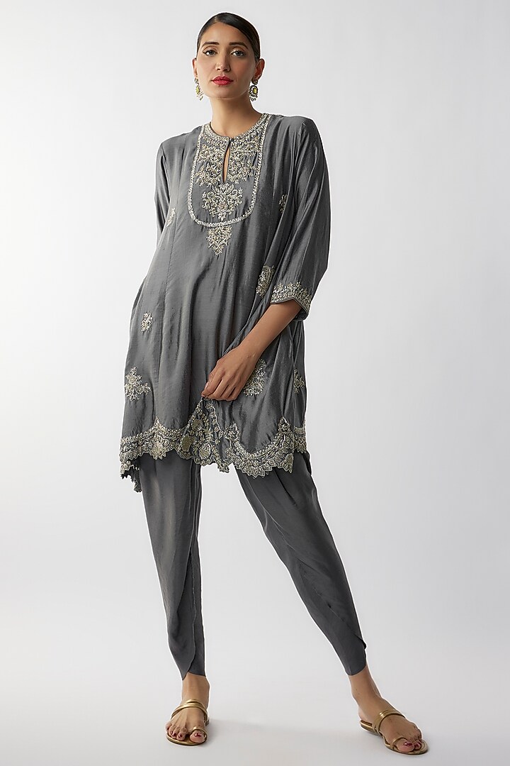 Teal Grey Silk Zari Embroidered Kurta Set by Jayanti Reddy at Pernia's Pop Up Shop
