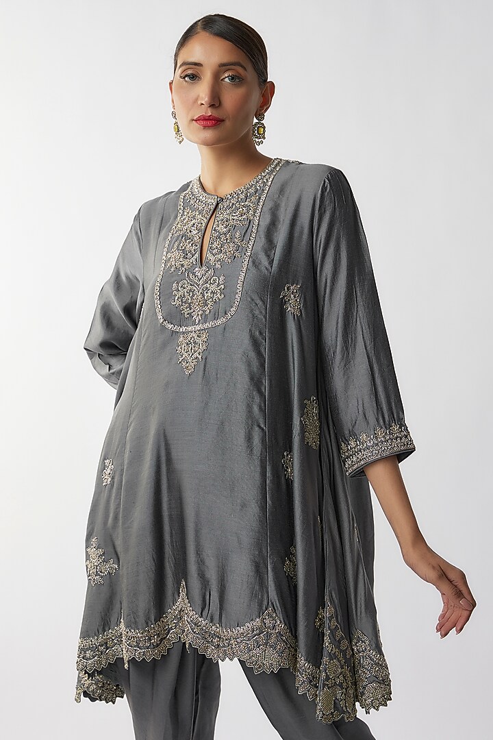 Teal Grey Silk Zari Embroidered Kurta Set by Jayanti Reddy at Pernia's Pop Up Shop