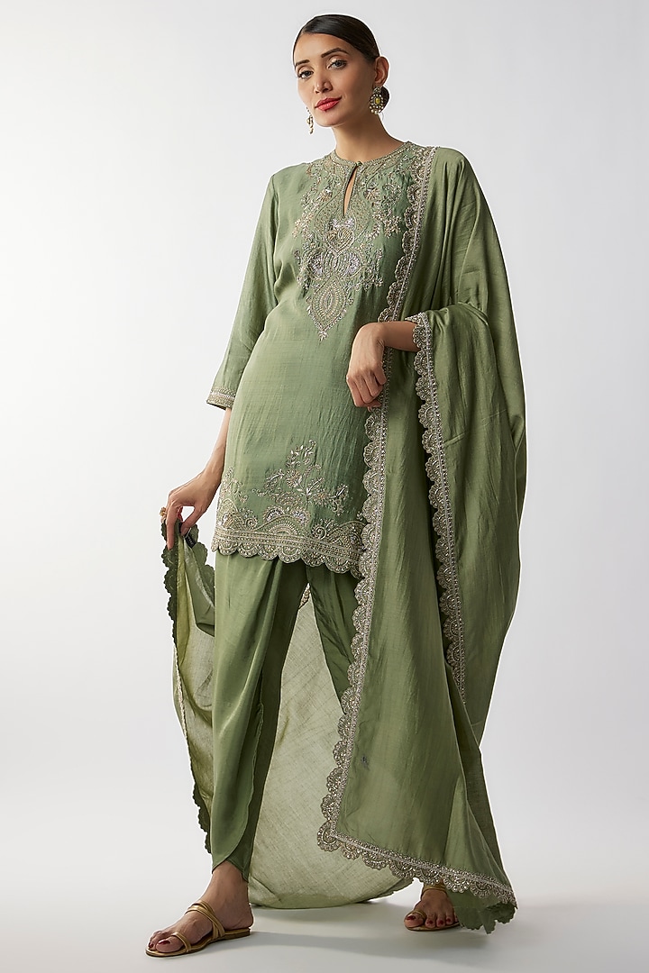 Mint Green Grey Silk Zari Embroidered Kurta Set by Jayanti Reddy at Pernia's Pop Up Shop