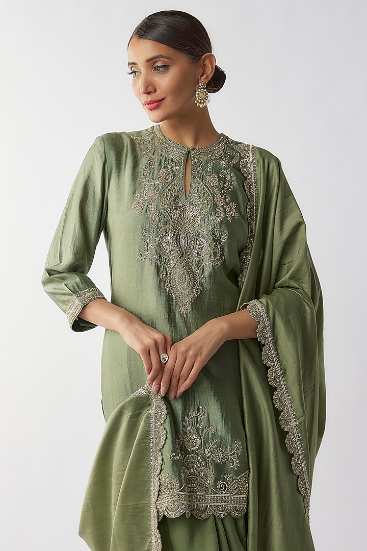Mint Green Grey Silk Zari Embroidered Kurta Set by Jayanti Reddy at Pernia's Pop Up Shop