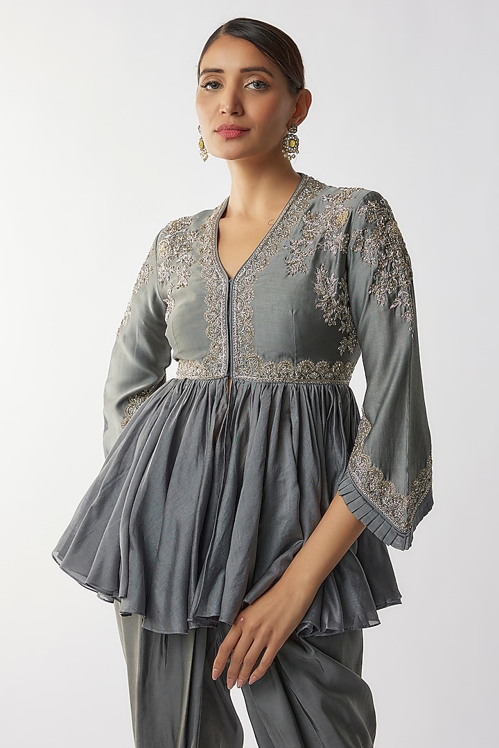 Teal Grey Silk Dhoti Set by Jayanti Reddy at Pernia's Pop Up Shop