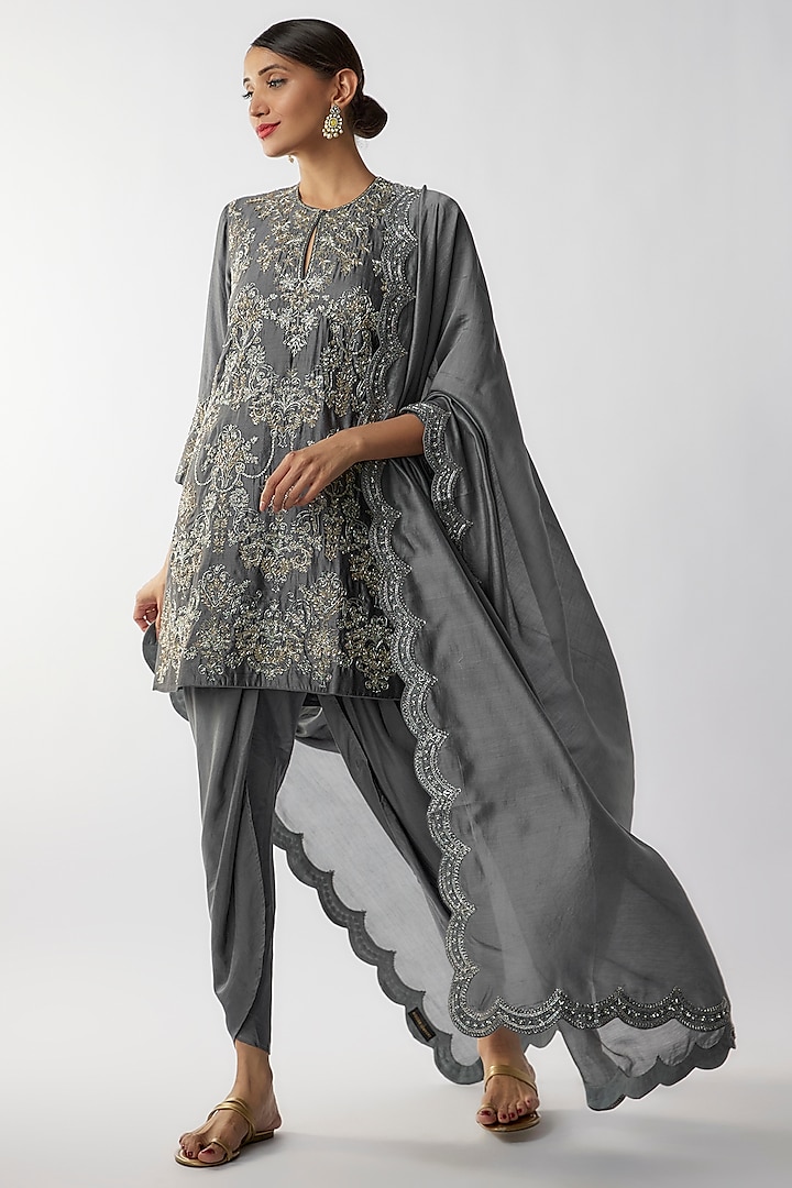Teal Grey Silk Zari Embroidered Kurta Set by Jayanti Reddy