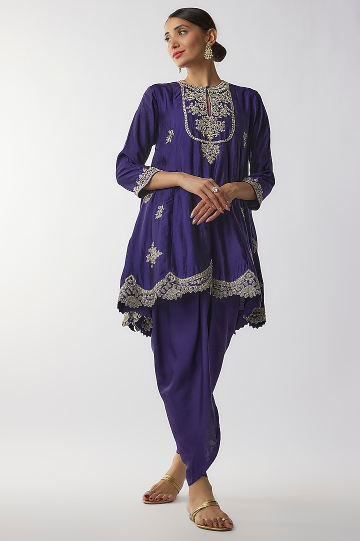 Purple Silk Zari Embroidered A-line Kurta Set by Jayanti Reddy at Pernia's Pop Up Shop