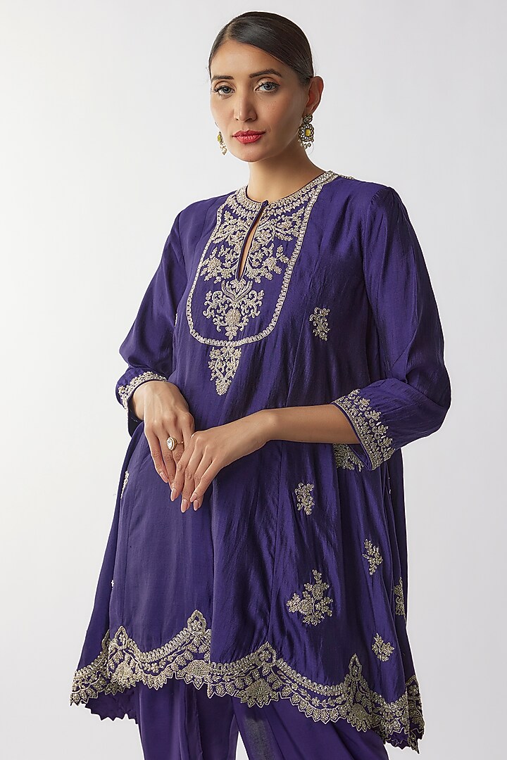 Purple Silk Zari Embroidered A-line Kurta Set by Jayanti Reddy at Pernia's Pop Up Shop