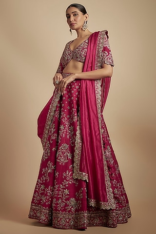 Pink Silk Zari Embroidered Lehenga Set by Jayanti Reddy