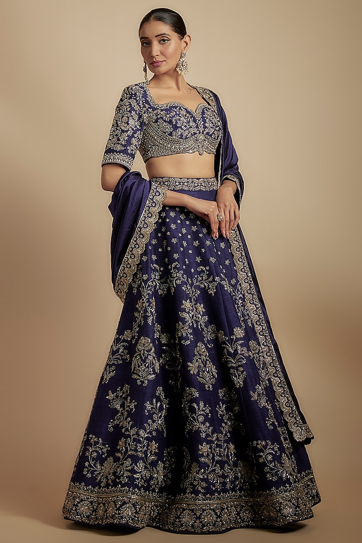 Purple Silk Zari Embroidered Lehenga Set by Jayanti Reddy