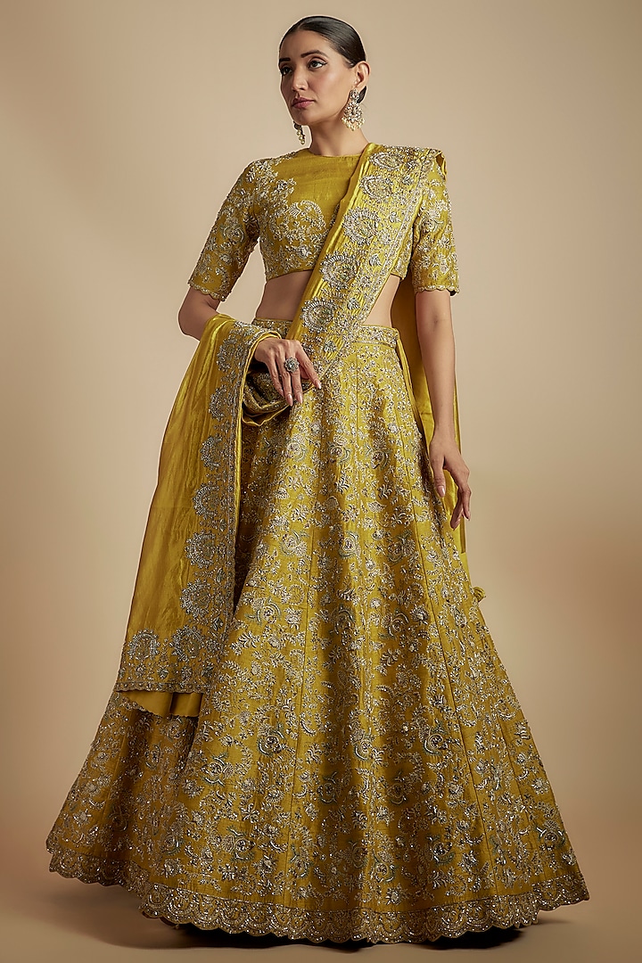 Mustard Silk Zari Embroidered Bridal Lehenga Set by Jayanti Reddy at Pernia's Pop Up Shop