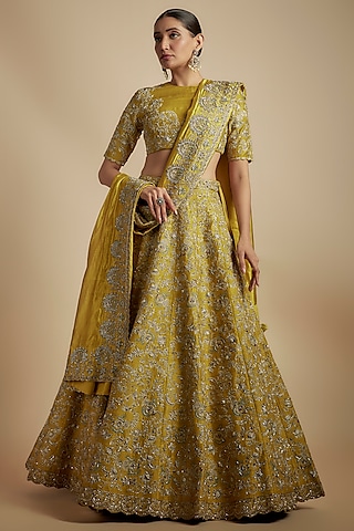 Mustard Silk Zari Embroidered Lehenga Set by Jayanti Reddy
