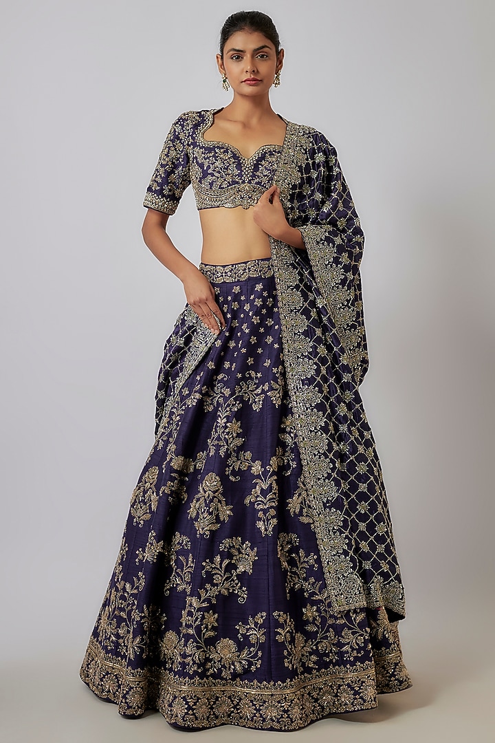 Purple Silk Zari Embroidered Bridal Lehenga Set by Jayanti Reddy at Pernia's Pop Up Shop