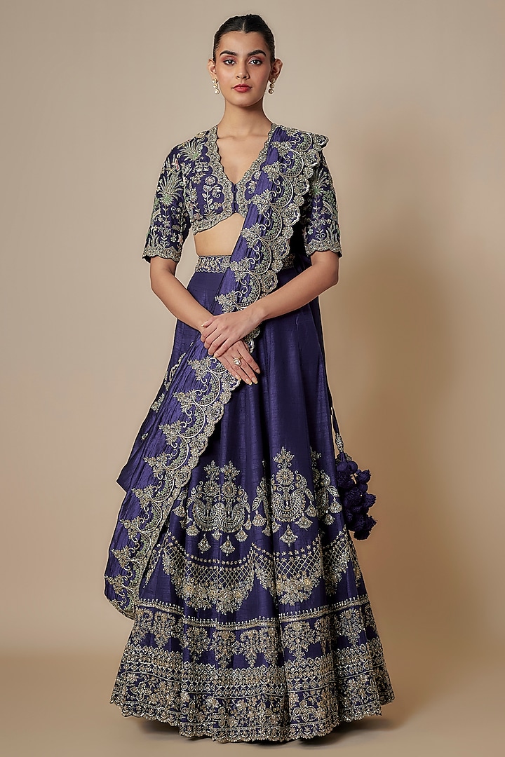 Purple Raw Silk Zardosi Embroidered Bridal Lehenga Set by Jayanti Reddy at Pernia's Pop Up Shop