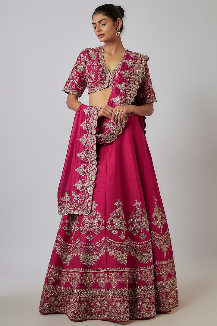 Rani Pink Silk Zari Embroidered Bridal Lehenga Set by Jayanti Reddy at Pernia's Pop Up Shop
