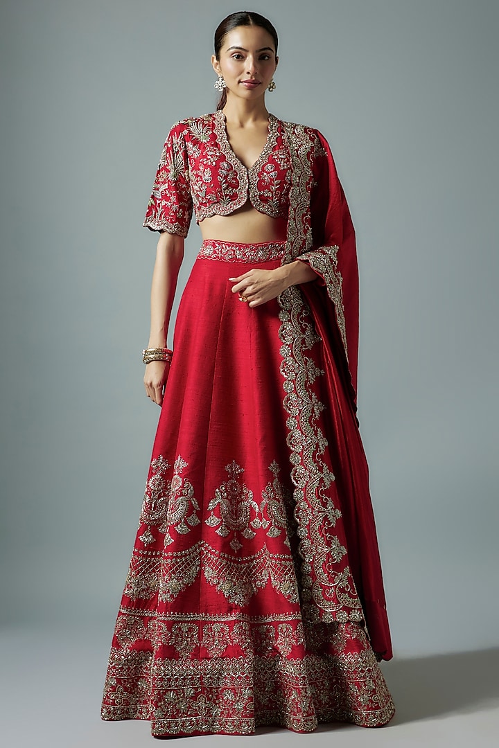 Red Silk Zari Embroidered Lehenga Set by Jayanti Reddy
