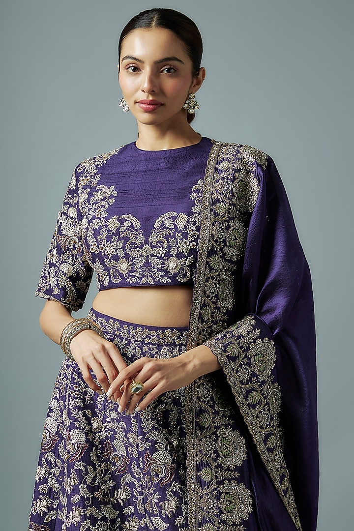 Purple Silk Zari Embroidered Bridal Lehenga Set by Jayanti Reddy at Pernia's Pop Up Shop