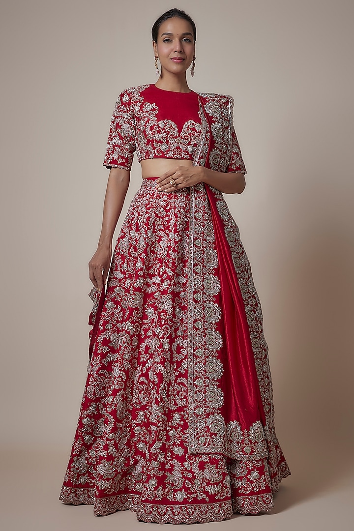 Red Silk Zari Embroidered Bridal Lehenga Set by Jayanti Reddy at Pernia's Pop Up Shop
