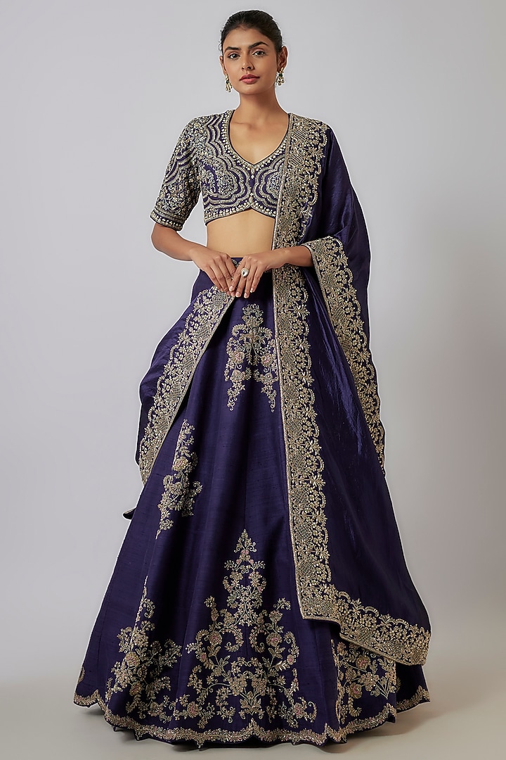 Purple Silk Zari Embroidered Bridal Lehenga Set by Jayanti Reddy at Pernia's Pop Up Shop