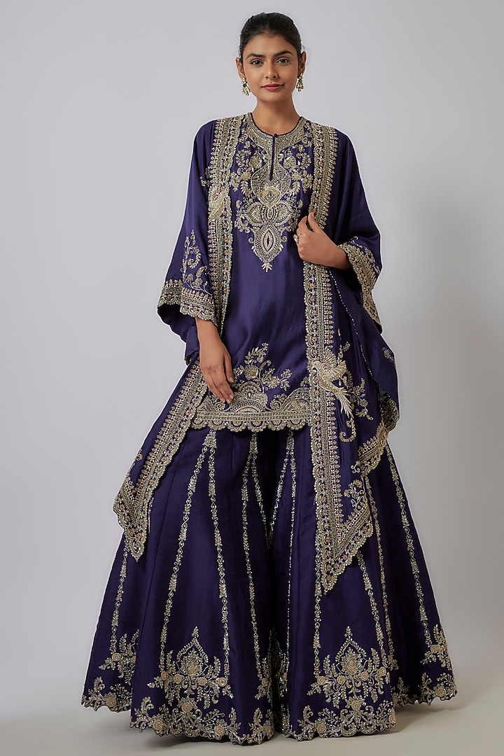 Purple Silk Zari Embroidered Bridal Sharara Set by Jayanti Reddy at Pernia's Pop Up Shop