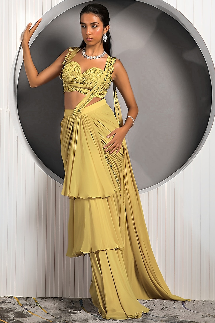 Gold Crepe Embroidered Ruffled Draped Saree Set by Jade by Ashima