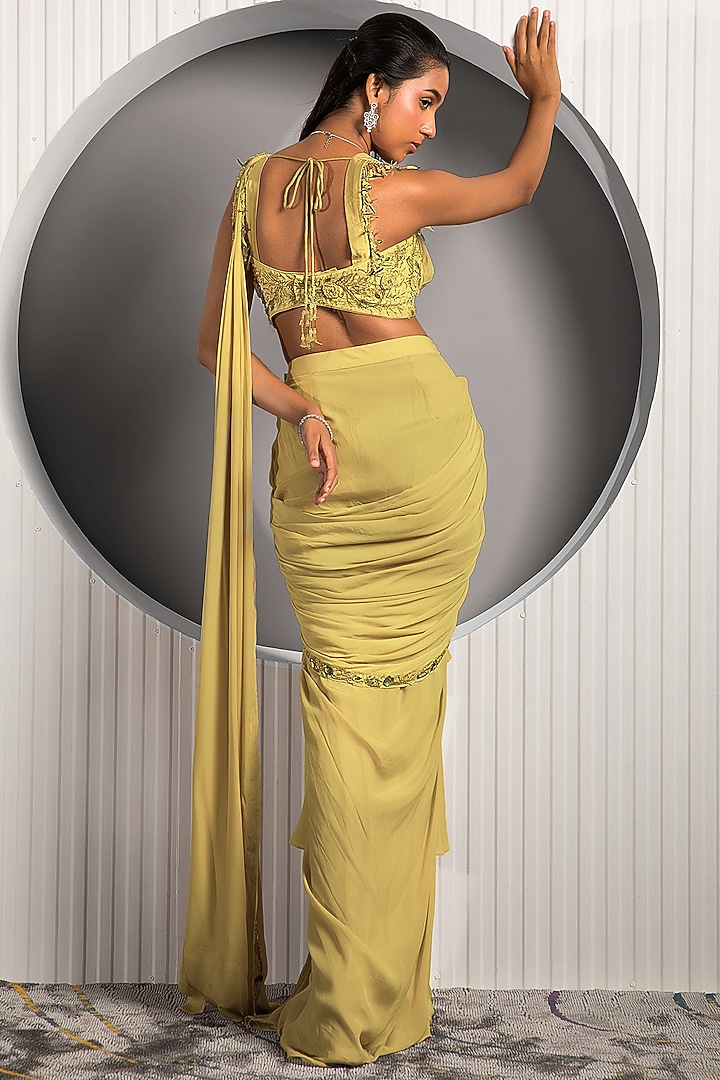 Gold Crepe Embroidered Ruffled Draped Wedding Saree Set by Jade by Ashima at Pernia's Pop Up Shop