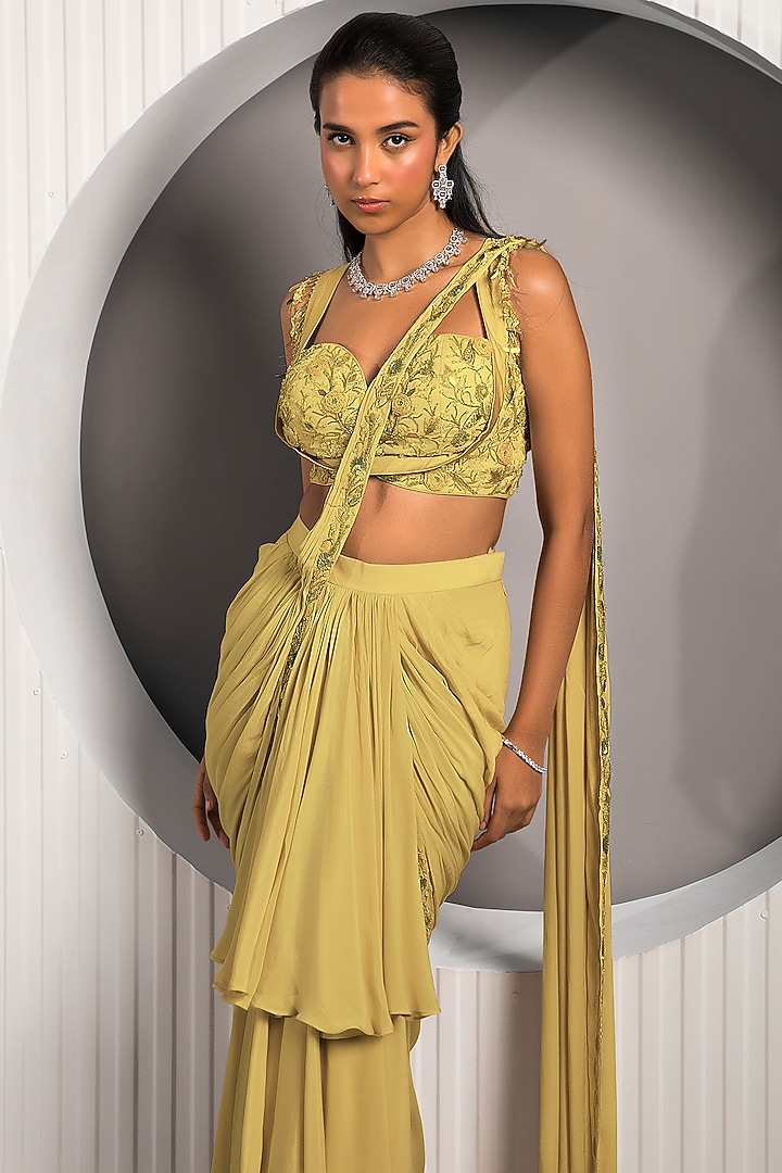 Gold Crepe Embroidered Ruffled Draped Wedding Saree Set by Jade by Ashima at Pernia's Pop Up Shop