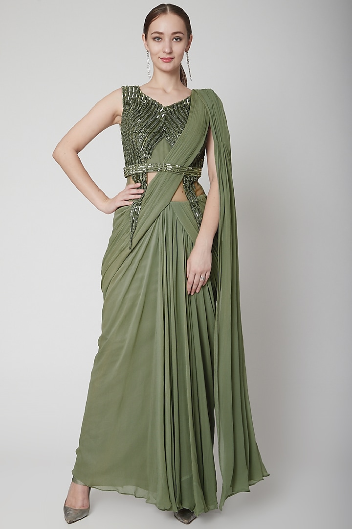 Mehendi Green Silk Georgette French Knot Embroidered Draped Saree  by Jade by Ashima