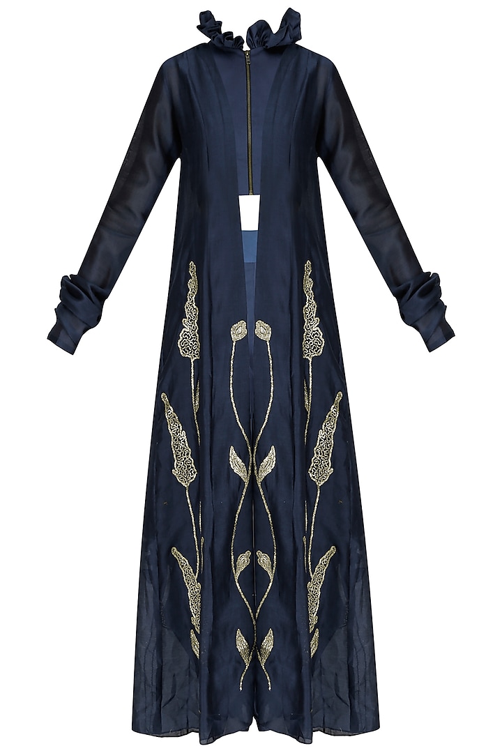 Navy Blue Tulip Embroidered Jacket with Crop Top and Pants by Jayanti Reddy