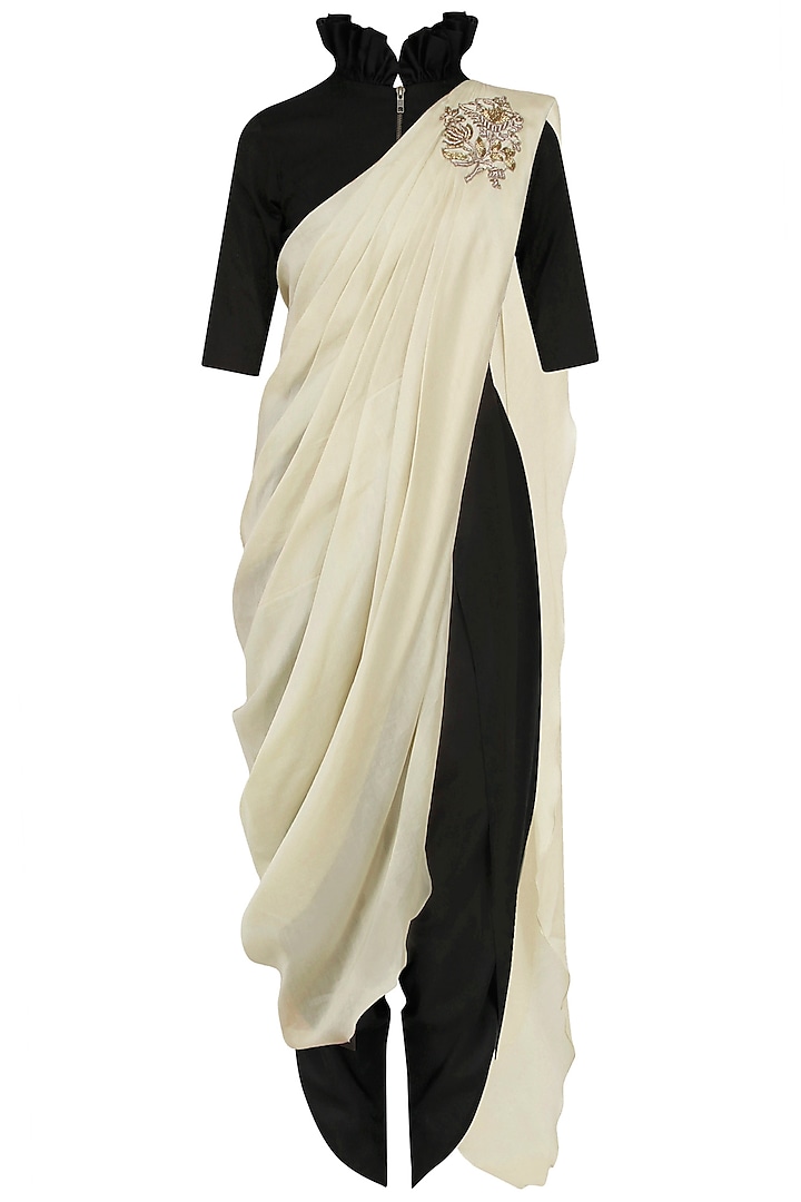 Ivory Pre Stitched Saree with Black Crop Top and Dhoti Pants by Jayanti Reddy
