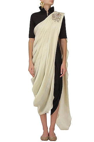 Ivory Pre Stitched Saree with Black Crop Top and Dhoti Pants by Jayanti Reddy