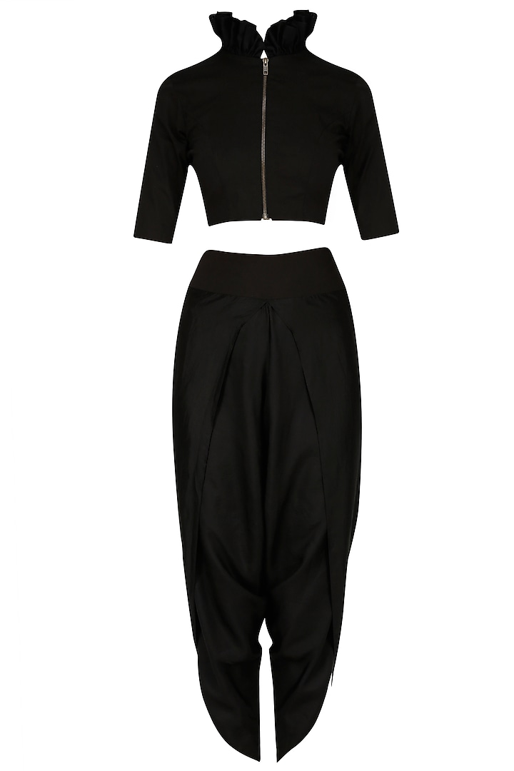 Ivory pre stitched saree with black crop top and dhoti pants available only at Pernia's Pop Up Shop.