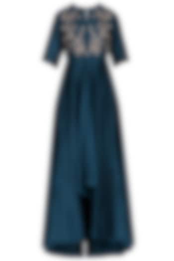 Navy blue embroidered jacket kurta with palazzo pants available only at Pernia's Pop Up Shop.