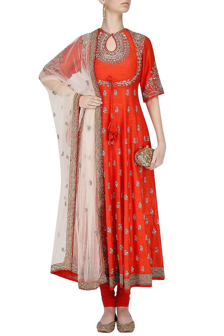 Orange and beige embroidered anarkali set available only at Pernia's Pop Up Shop.