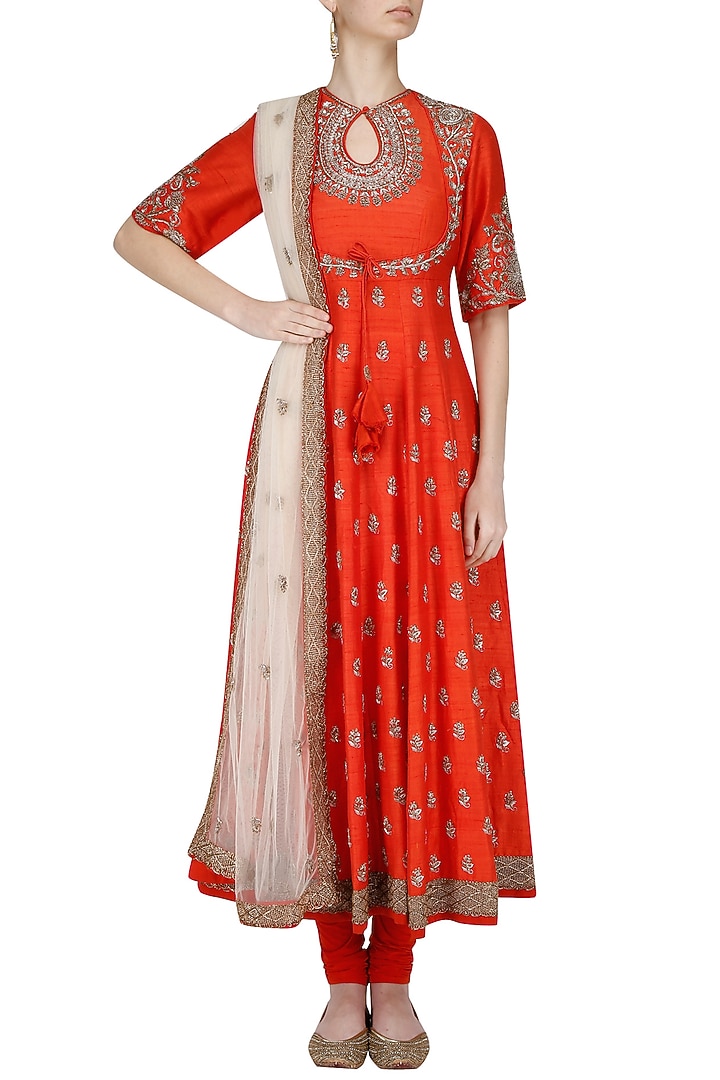 Orange and beige embroidered anarkali set available only at Pernia's Pop Up Shop.