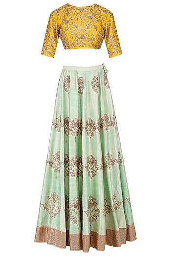 Mint green and mustard floral embroidered lehenga set available only at ...