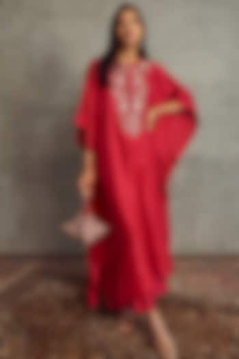 Red Dupion Silk Zardosi Embroidered Kaftan by Jayanti Reddy at Pernia's Pop Up Shop