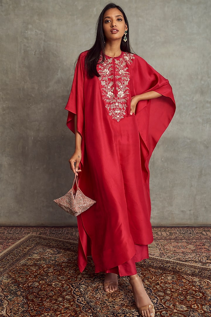 Red Dupion Silk Zardosi Embroidered Kaftan by Jayanti Reddy at Pernia's Pop Up Shop