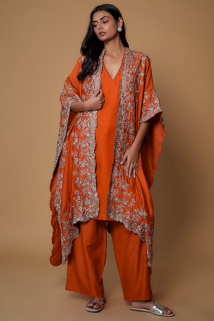 Orange Silk Embroidered Cape Set by Jayanti Reddy