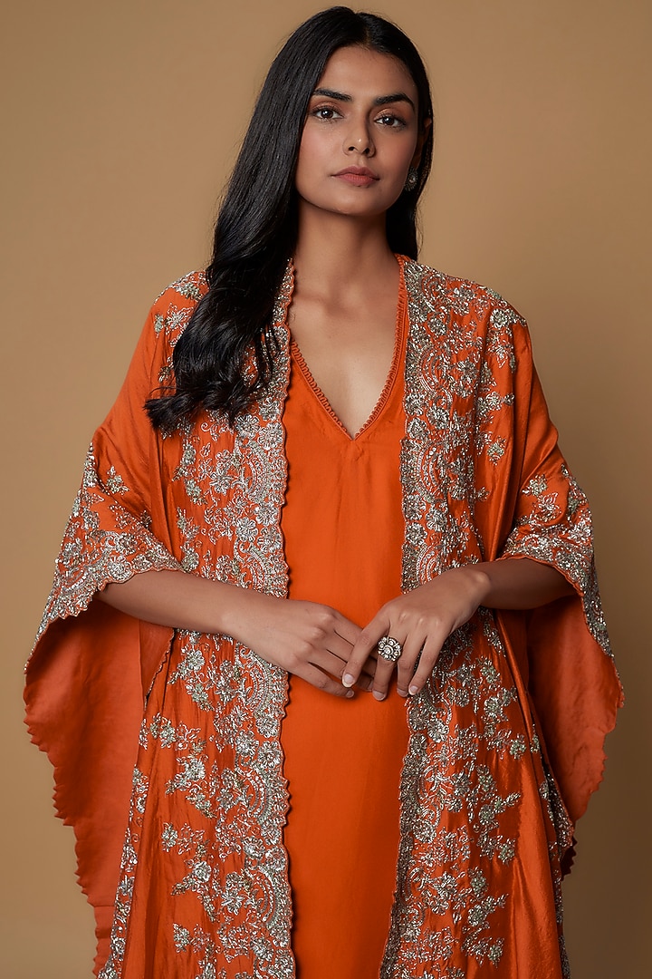 Orange Silk Embroidered Cape Set by Jayanti Reddy at Pernia's Pop Up Shop