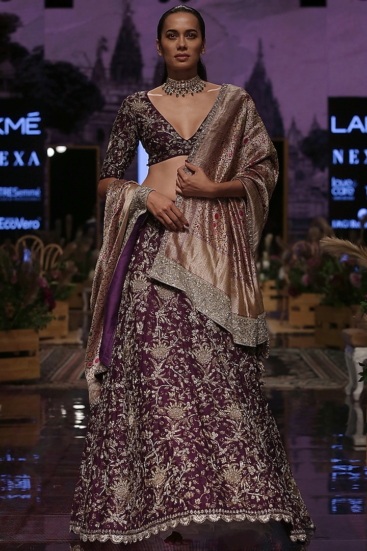 Purple Raw Silk Embroidered Lehenga Set by Jayanti Reddy