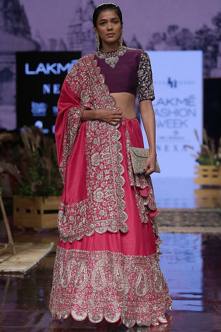 Hot Pink Raw Silk Embroidered Lehenga Set by Jayanti Reddy