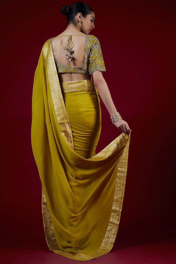 Mustard Chiffon Zari Embroidered Reception Saree Set by Jayanti Reddy at Pernia's Pop Up Shop