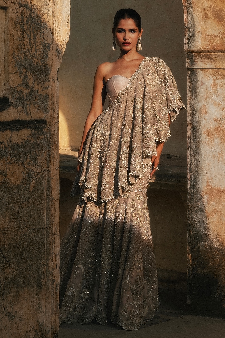 Beige Net Hand Embroidered Cape Bridal Lehenga Set by Jayanti Reddy at Pernia's Pop Up Shop
