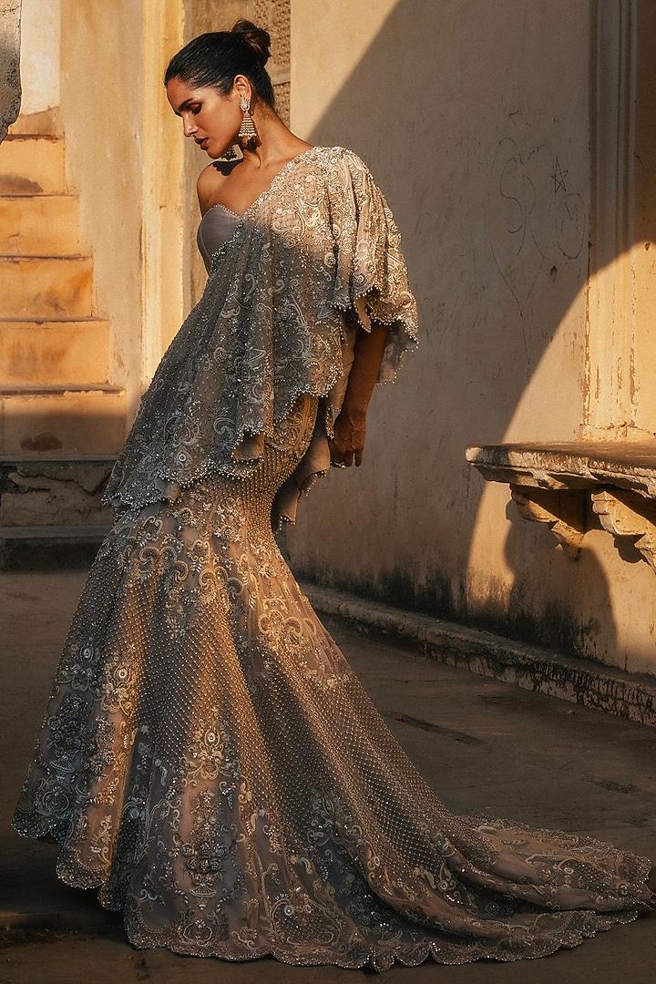 Beige Net Hand Embroidered Cape Bridal Lehenga Set by Jayanti Reddy at Pernia's Pop Up Shop